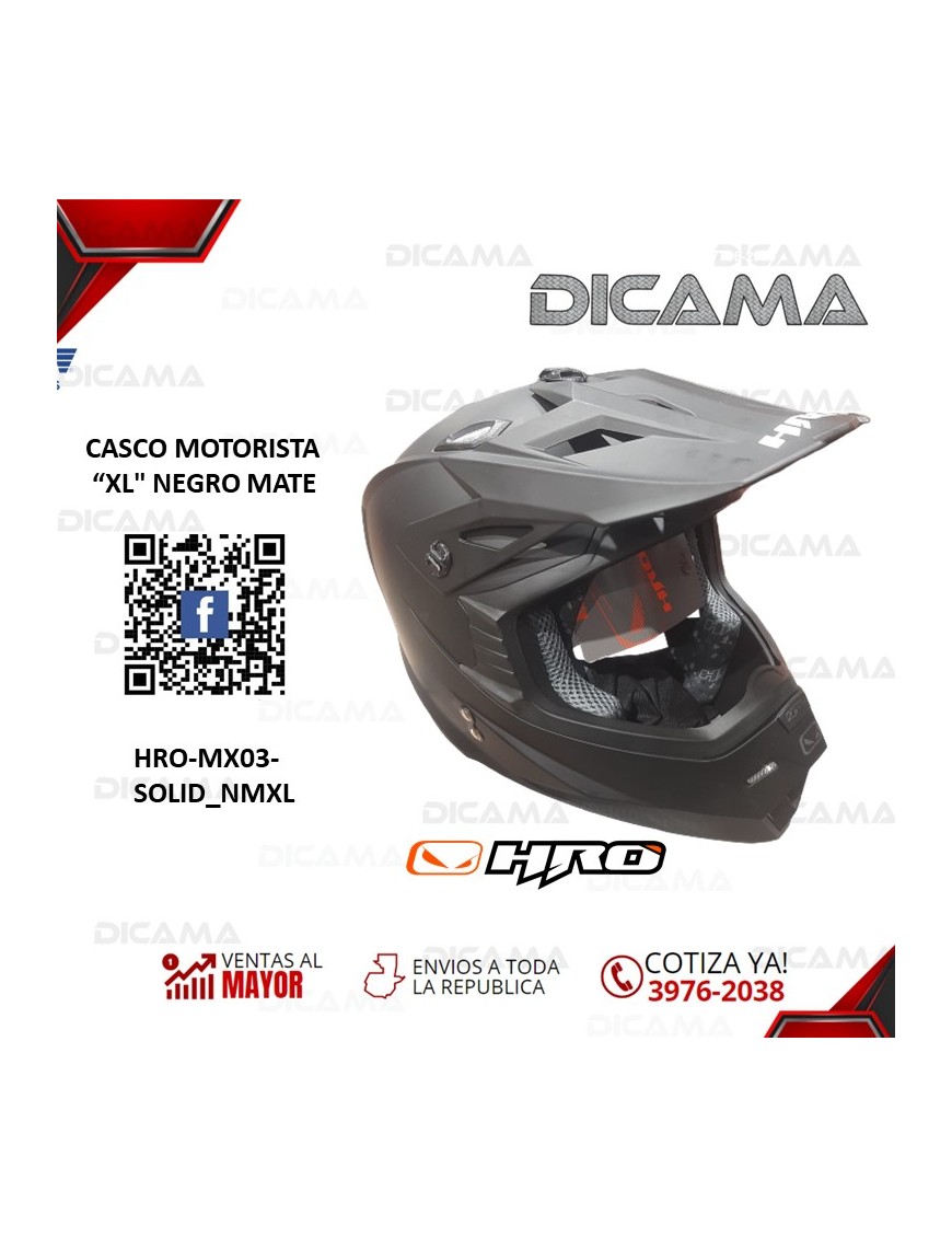 CASCO MOTORISTA XL NEGRO MATE MOTOCROSS HRO HRO-MX03-SOLID_NMXL