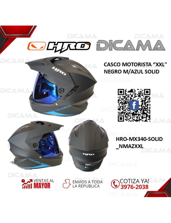 CASCO MOTORISTA XXL NEGRO M/AZUL SOLID HRO HRO-MX340-SOLID_NMAZXXL