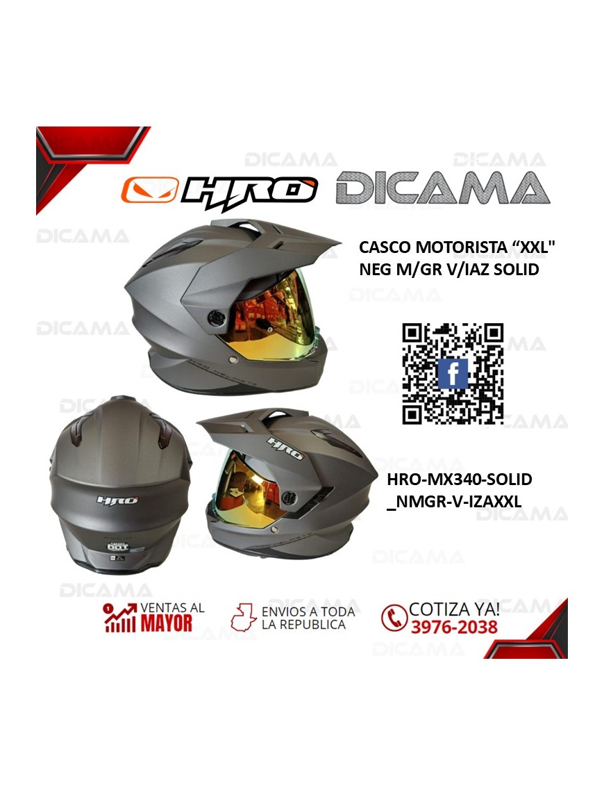 CASCO MOTORISTA XXL NEG M/GR V/IAZ SOLID HRO HRO-MX340-SOLID_NMGR-V-IZAXXL