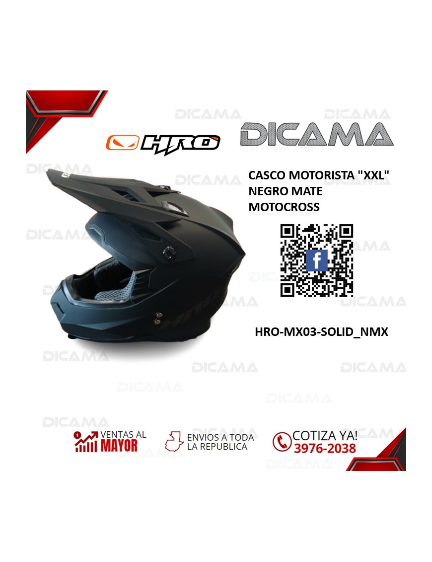 CASCO MOTORISTA XXL NEGRO MATE MOTOCROSS HRO HRO-MX03-SOLID_NMX