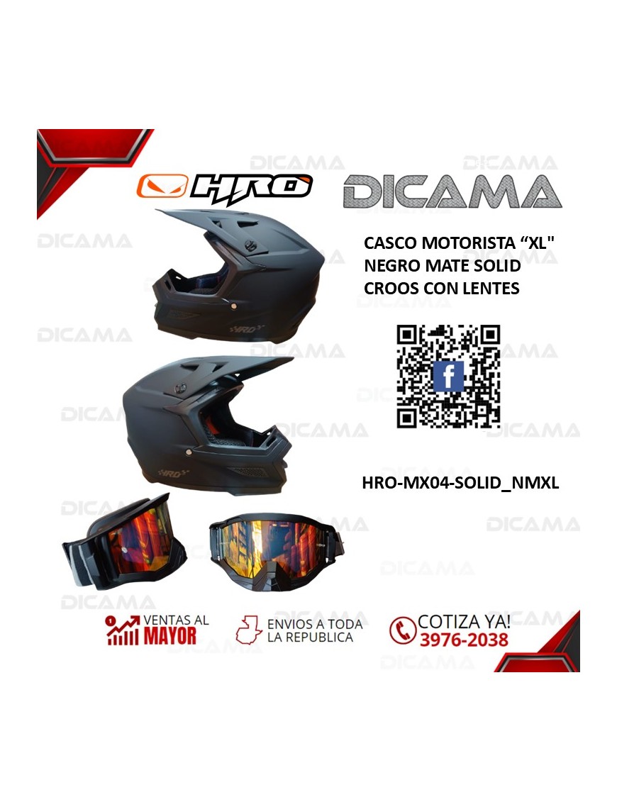 CASCO MOTORISTA XL C/LENTES NEGRO MATE SOLID CROOS HRO HRO-MX04-SOLID_NMXL