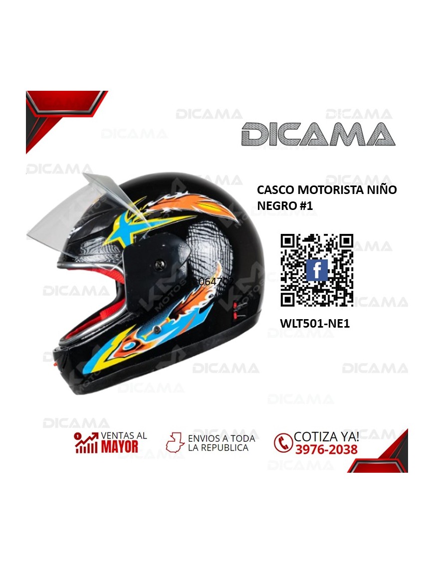 CASCO MOTORISTA NIÑO NEGRO #1 CHINO WLT501-NE1