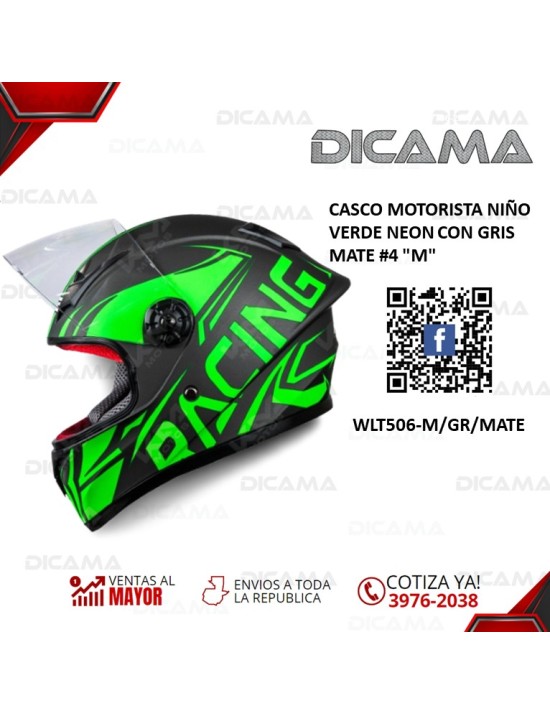 CASCO MOTORISTA NIÑO VERDE NEON CON GRIS MATE #4 M CHINO WLT506-M/GR/MATE