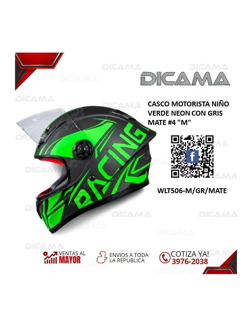 CASCO MOTORISTA NIÑO VERDE NEON CON GRIS MATE #4 M CHINO WLT506-M/GR/MATE