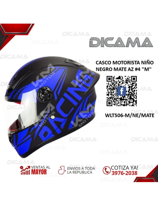 CASCO MOTORISTA NIÑO NEGRO MATE AZ #4 M CHINO WLT506-M/NE/MATE