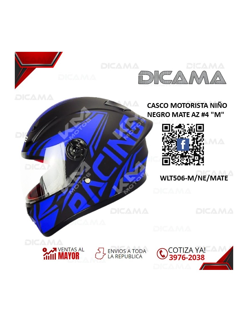 CASCO MOTORISTA NIÑO NEGRO MATE AZ #4 M CHINO WLT506-M/NE/MATE