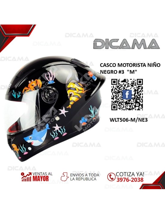 CASCO MOTORISTA NIÑO NEGRO #3  M CHINO WLT506-M/NE3