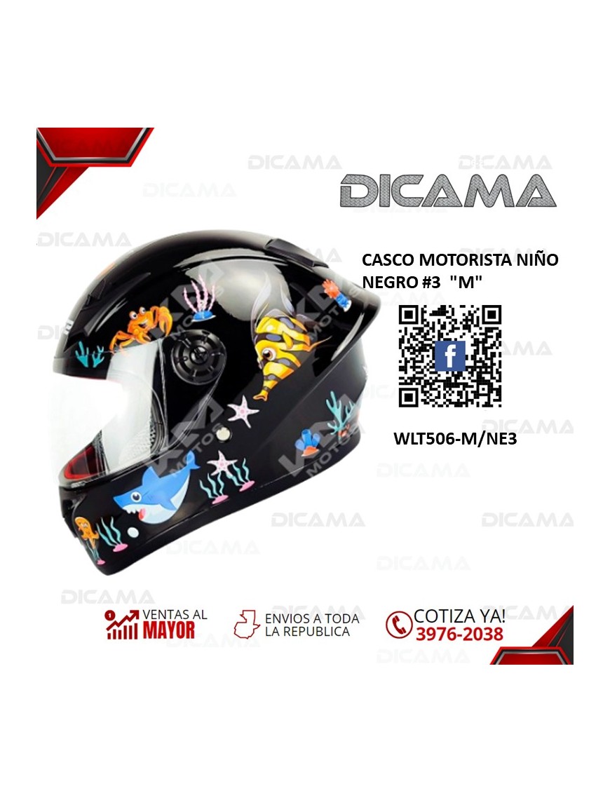 CASCO MOTORISTA NIÑO NEGRO #3  M CHINO WLT506-M/NE3