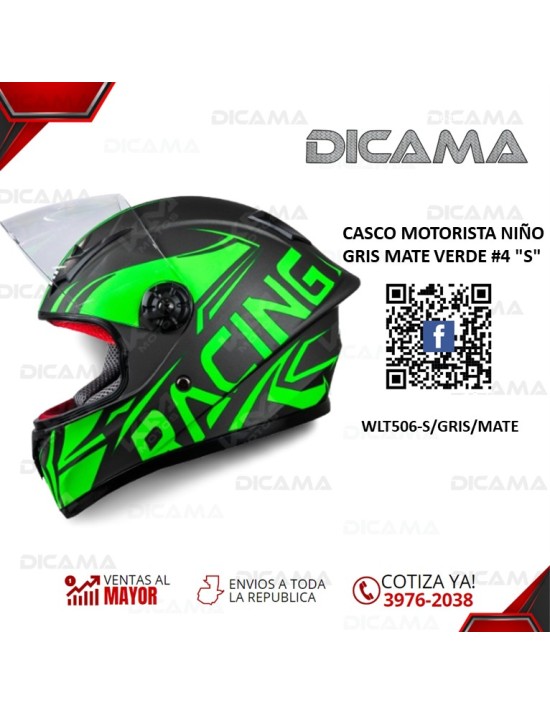 CASCO MOTORISTA NIÑO GRIS MATE VERDE #4 S CHINO WLT506-S/GRIS/MATE