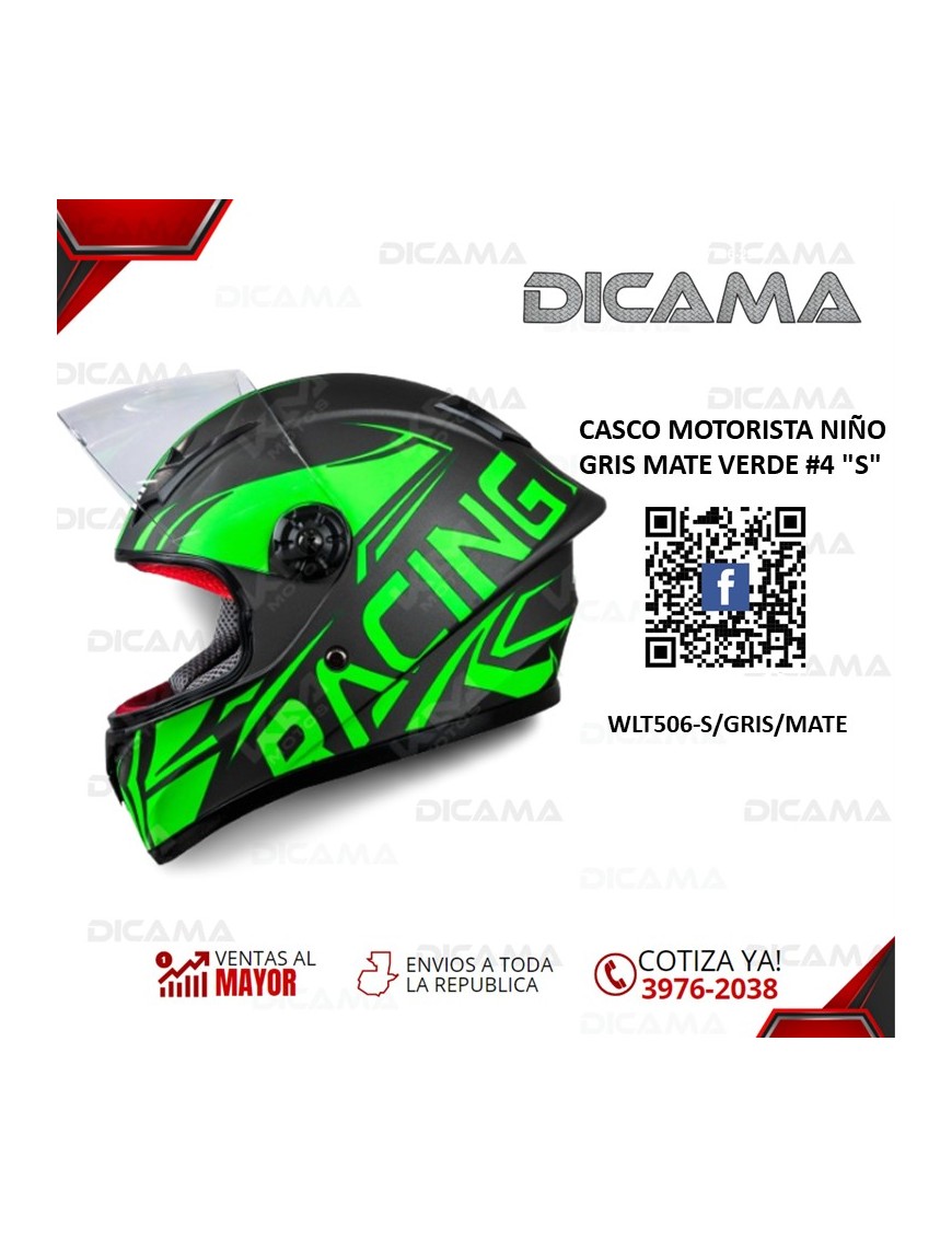 CASCO MOTORISTA NIÑO GRIS MATE VERDE #4 S CHINO WLT506-S/GRIS/MATE