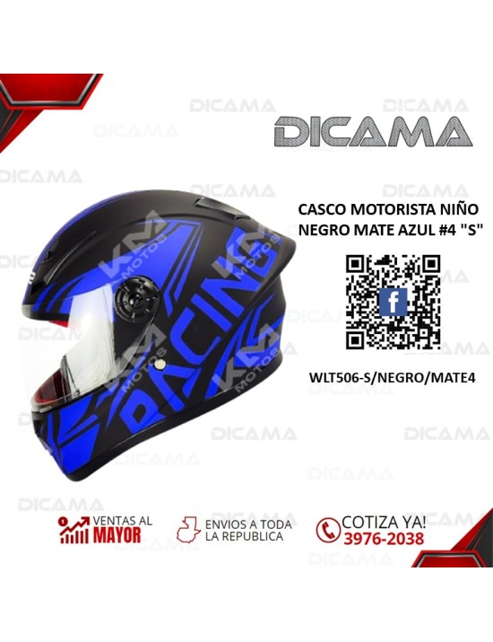 CASCO MOTORISTA NIÑO NEGRO MATE AZUL #4 S CHINO WLT506-S/NEGRO/MATE4