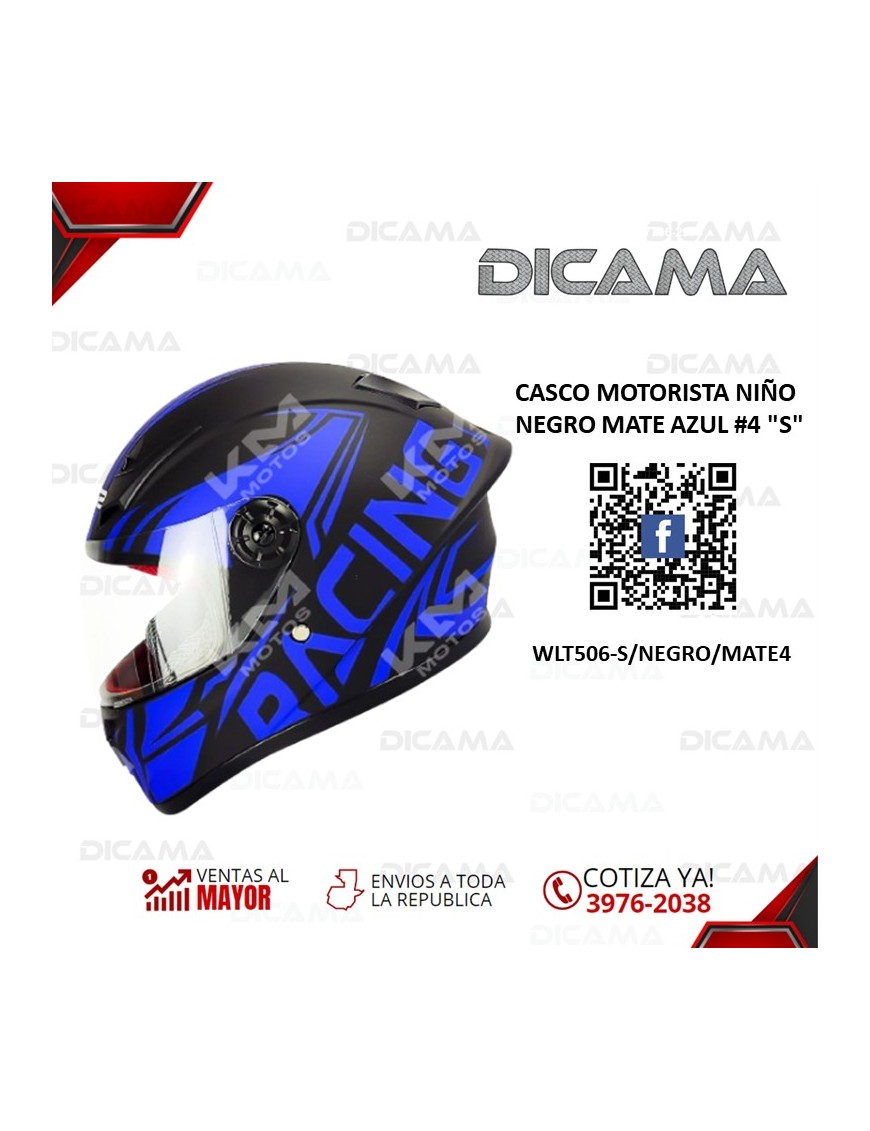 CASCO MOTORISTA NIÑO NEGRO MATE AZUL #4 S CHINO WLT506-S/NEGRO/MATE4