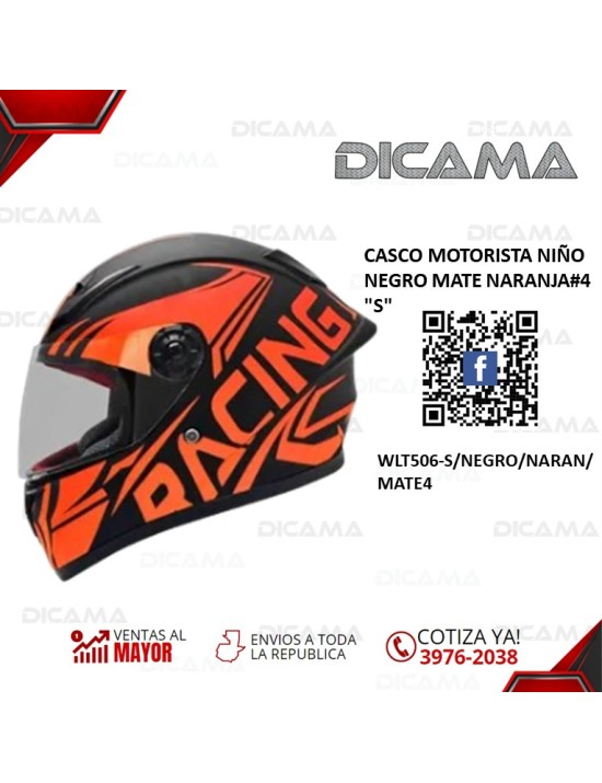 CASCO MOTORISTA NIÑO NEGRO MATE NARANJA#4 S CHINO WLT506-S/NEGRO/NARAN/MATE4