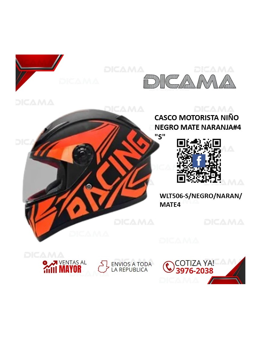 CASCO MOTORISTA NIÑO NEGRO MATE NARANJA#4 S CHINO WLT506-S/NEGRO/NARAN/MATE4