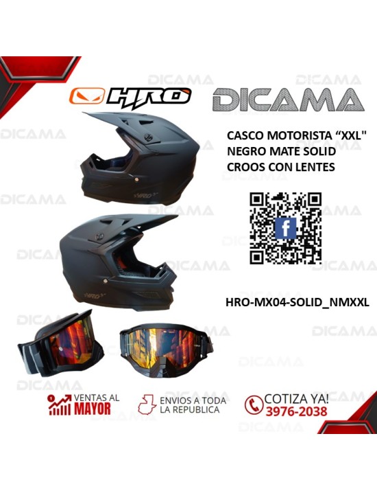 CASCO MOTORISTA XXL C/LENTES NEGRO MATE SOLID CROOS HRO HRO-MX04-SOLID_NMXXL