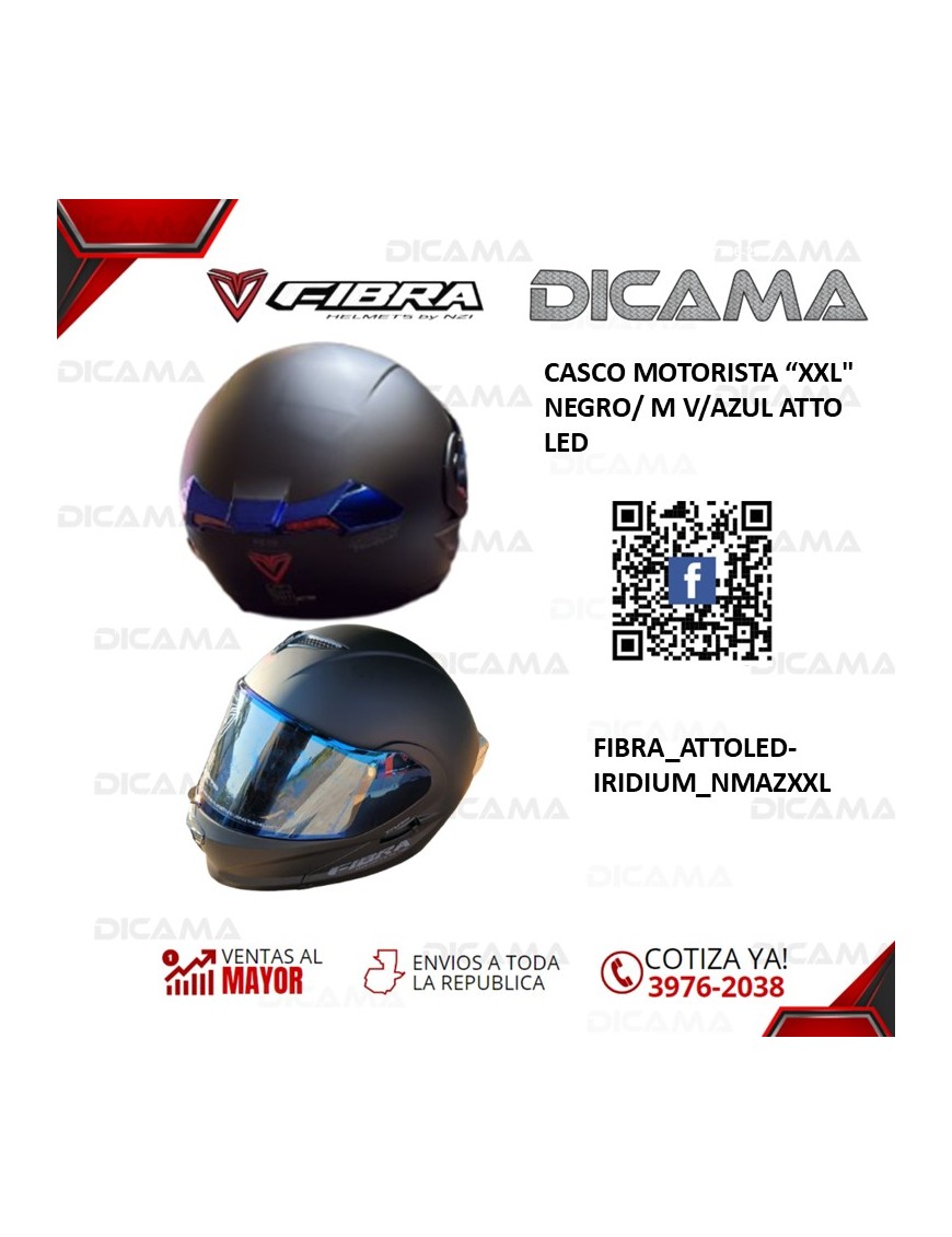 CASCO MOTORISTA XXL NEGRO/ M V/AZUL ATTO LED FIBRA FIBRA_ATTOLED-IRIDIUM_NMAZXXL