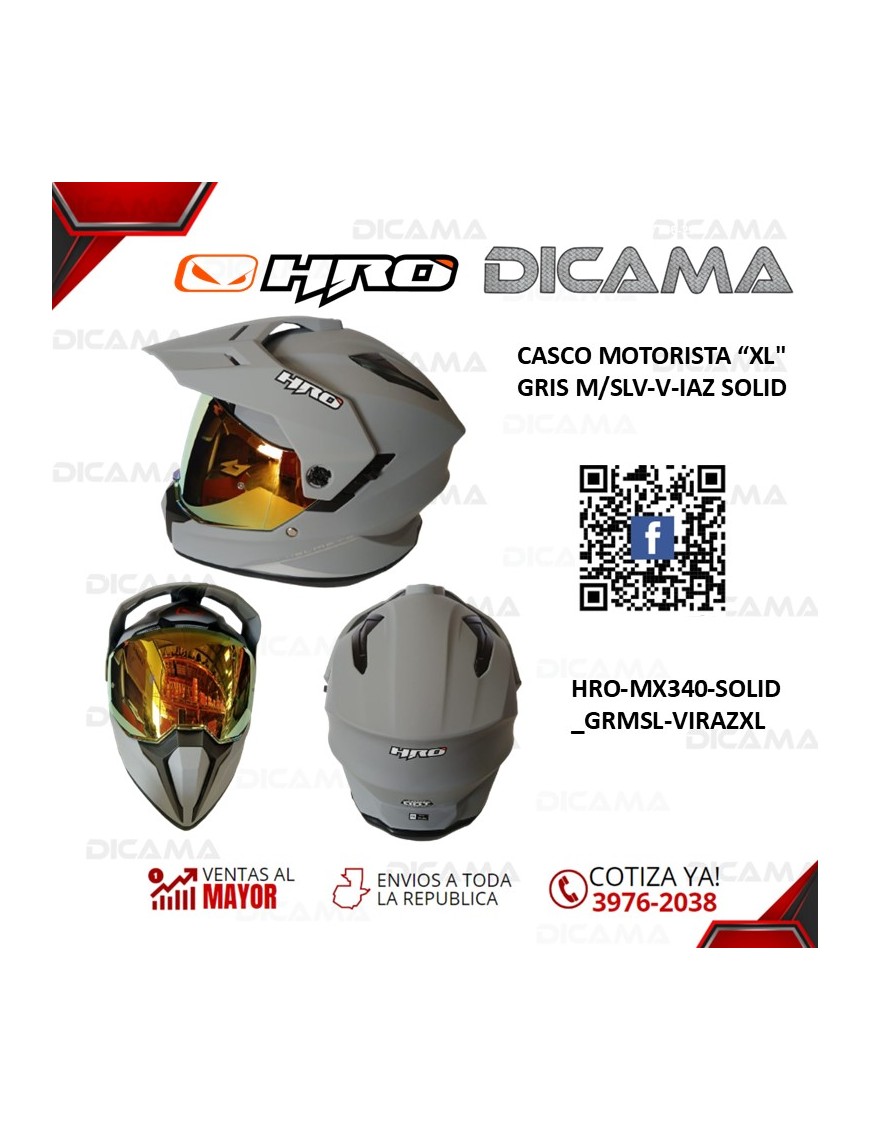 CASCO MOTORISTA XL GRIS M/SLV-V-IAZ SOLID HRO HRO-MX340-SOLID_GRMSL-VIRAZXL