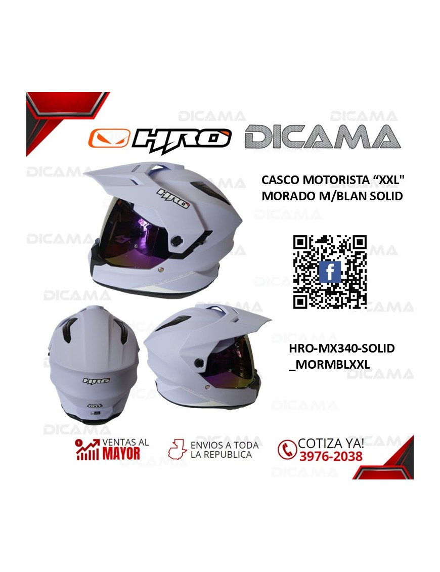 CASCO MOTORISTA XXL MORADO M/BLAN SOLID HRO HRO-MX340-SOLID_MORMBLXXL