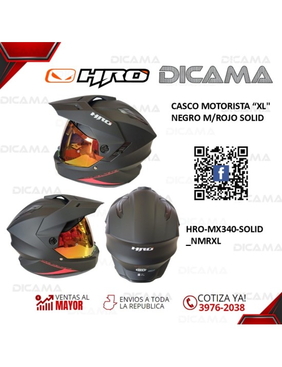 CASCO MOTORISTA XL NEGRO M/ROJO SOLID HRO HRO-MX340-SOLID_NMRXL