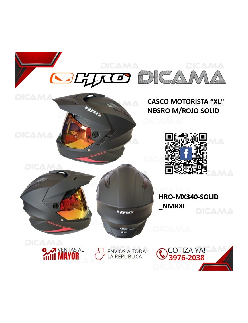 CASCO MOTORISTA XL NEGRO M/ROJO SOLID HRO HRO-MX340-SOLID_NMRXL