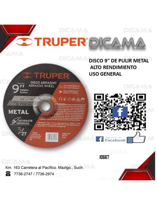 DISCO 9" CORTE METAL ABRASIVO DE ÓXIDO DE ALUMINIO DE TIPO 2
