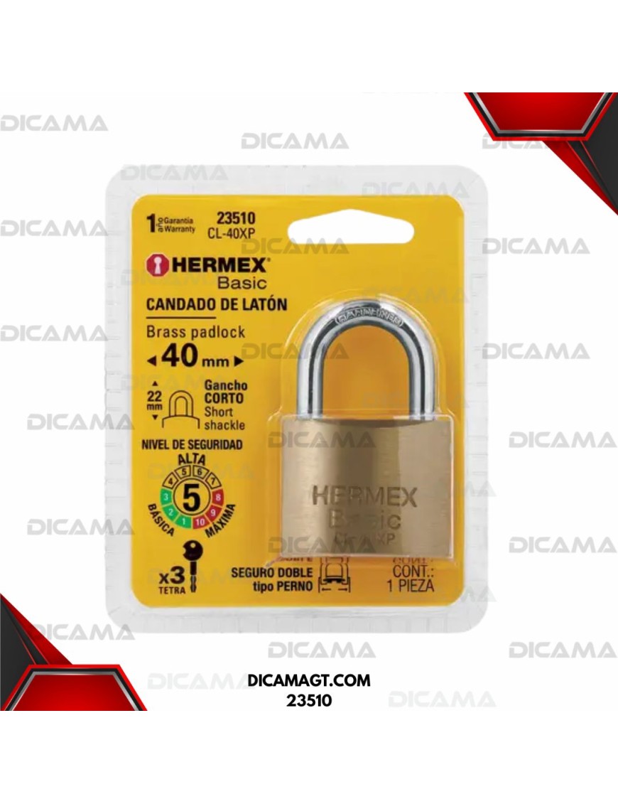 CANDADO 40 MM DE LATÓN  LLAVE TETRA HERMEX 23510