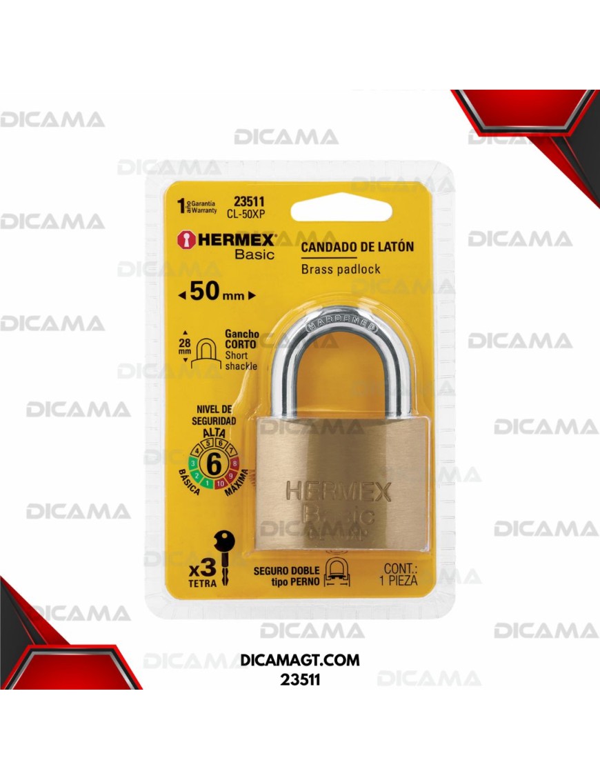 CANDADO 50 MM DE LATÓN LLAVE TETRA HERMEX 23511