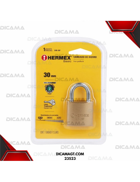CANDADO 30MM DE HIERRO CORTO,BASIC, COLOR LATON HERMEX 23523