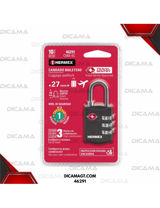 CANDADO 27MM MALETERO 27MM SEGURIDAD TSA HERMEX 46291