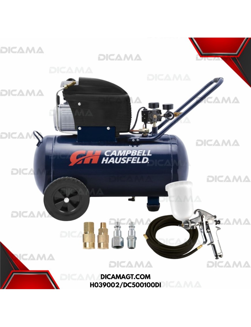COMPRESOR AIRE 2 HP 50 LTS 13 GALONES PISTOLA/MANGUERA/ACOPLES CAMPBELL HAUSFELD H039002/DC500100DI