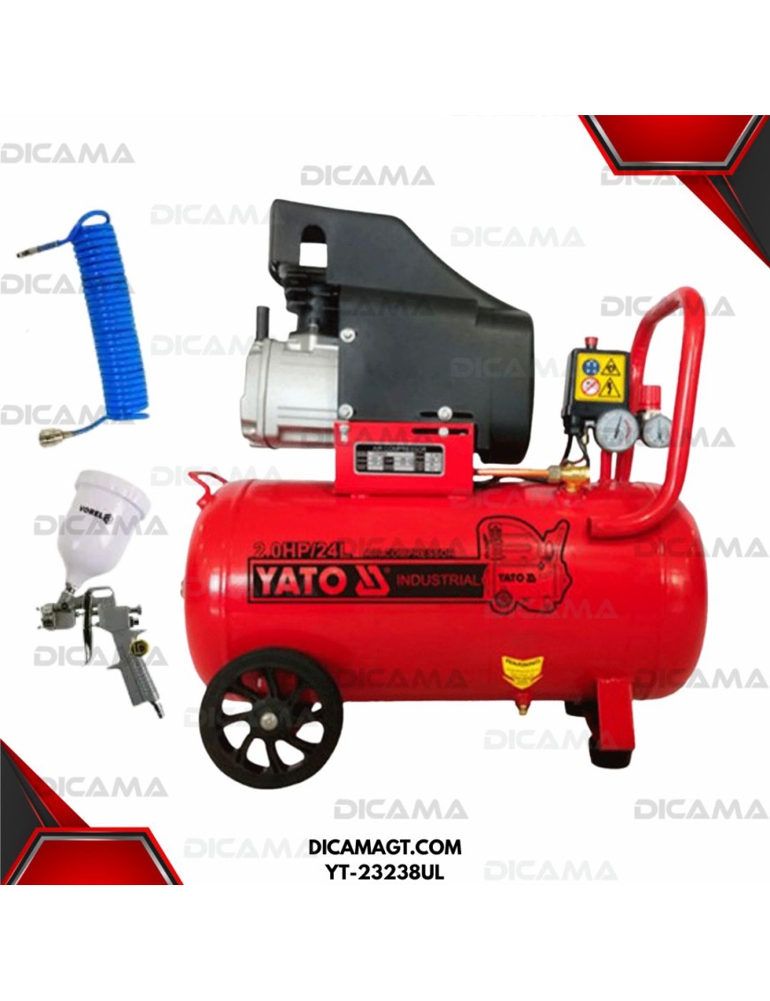 COMPRESOR AIRE 2.2 HP 50 LTS SILENCIOSO 2 CABEZAS* PISTOLA Y MANGUE YATO YT-23238UL