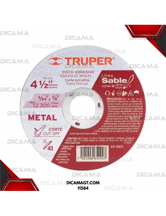 DISCO 4 1/2 CORTE METAL OXIDO DE ALUMINIO TRUPER 11584