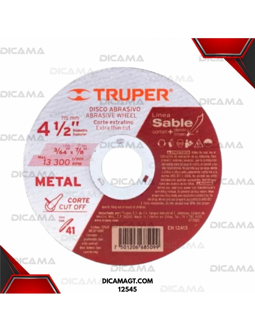 DISCO 4 1/2 CORTE METAL 1.0 MM TRUPER 12545