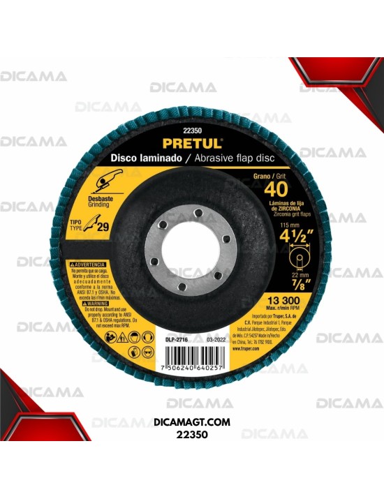 DISCO 4 1/2 PULIR METAL GRANO 40 LAMINADO PRETUL 22350