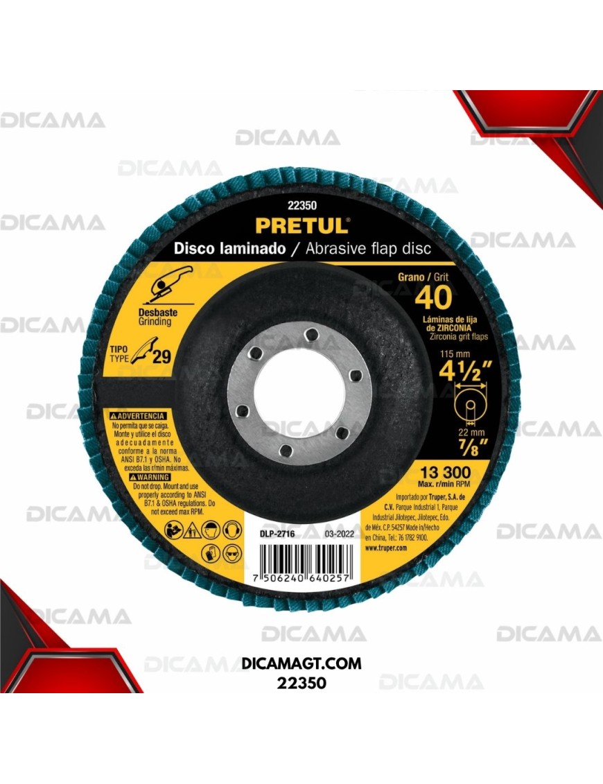 DISCO 4 1/2 PULIR METAL GRANO 40 LAMINADO PRETUL 22350
