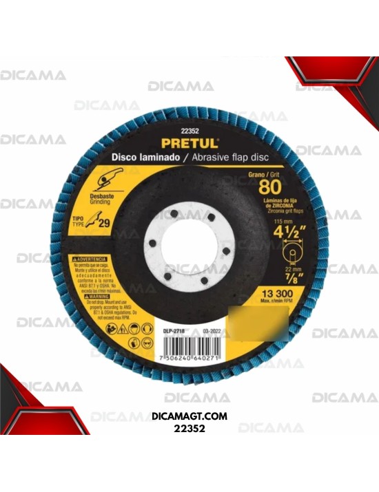 DISCO 4 1/2 PULIR METAL GRANO 80 LAMINADO PRETUL 22352