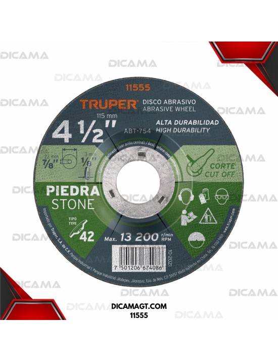 DISCO 4 1/2 CORTE PIEDRA ABRASIVO P/X7/64 TRUPER 11555