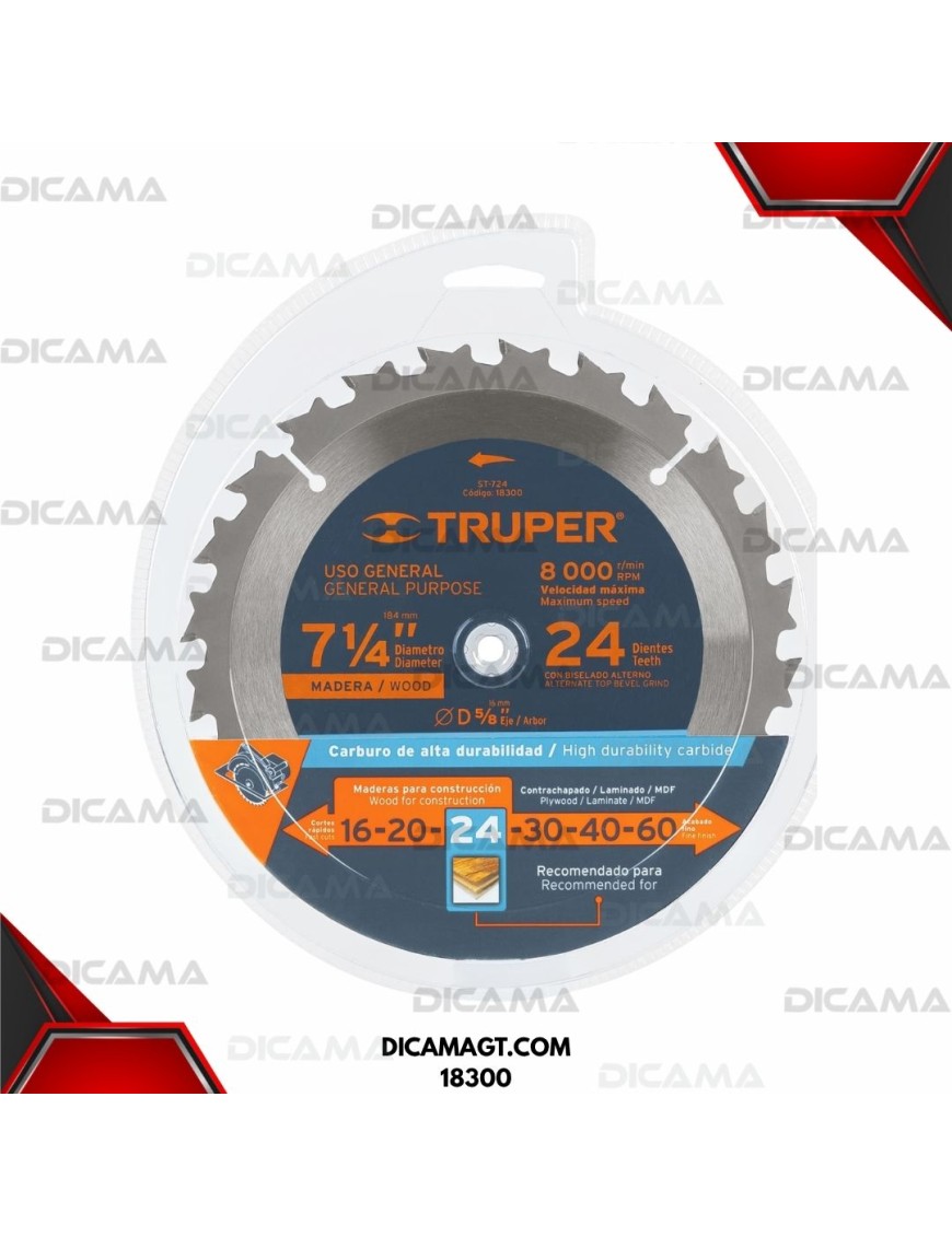 DISCO 7-1/4 MADERA 24 DIENTES/CARBURO TRUPER 18300