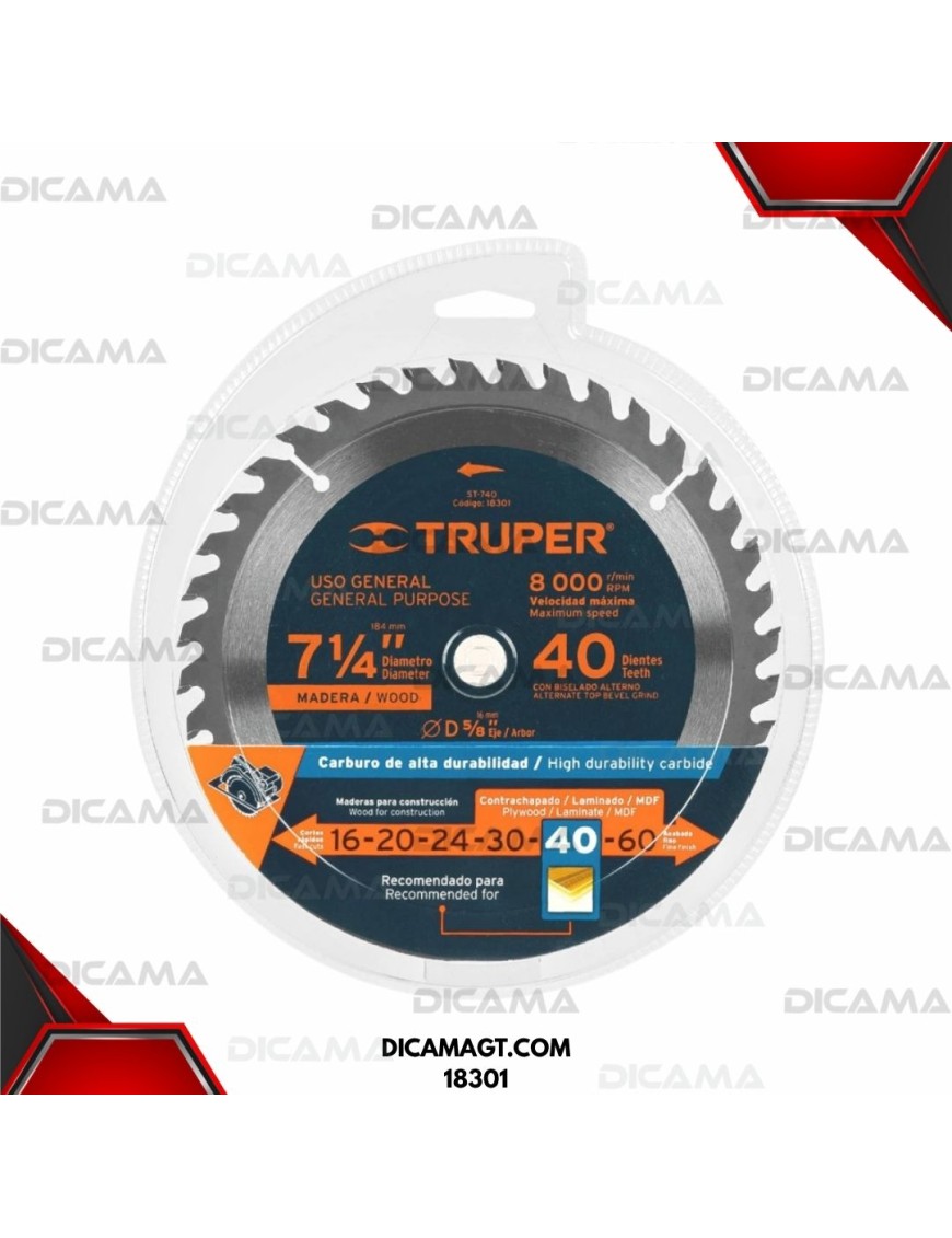 DISCO 7 1/4 MADERA 40 DIENTES/CARBURO- TRUPER 18301