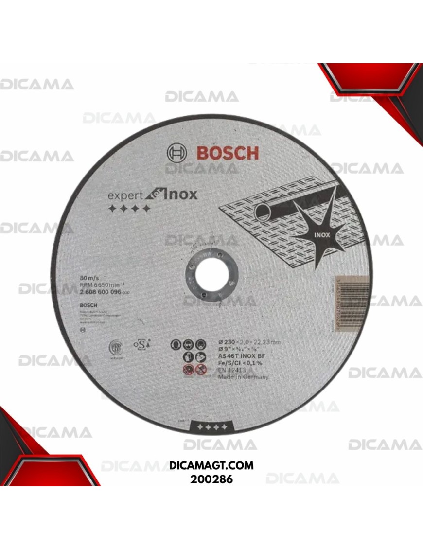 DISCO 9 CORTE METAL INOX 5/64 X 7/8 (230 X 2 X 22.23MM) EXP BOSCH H009288 2608600096