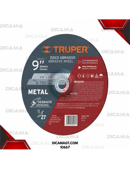 DISCO 9 CORTE METAL ABRASIVO DE ÓXIDO DE ALUMINIO DE TIPO 2 TRUPER 10667