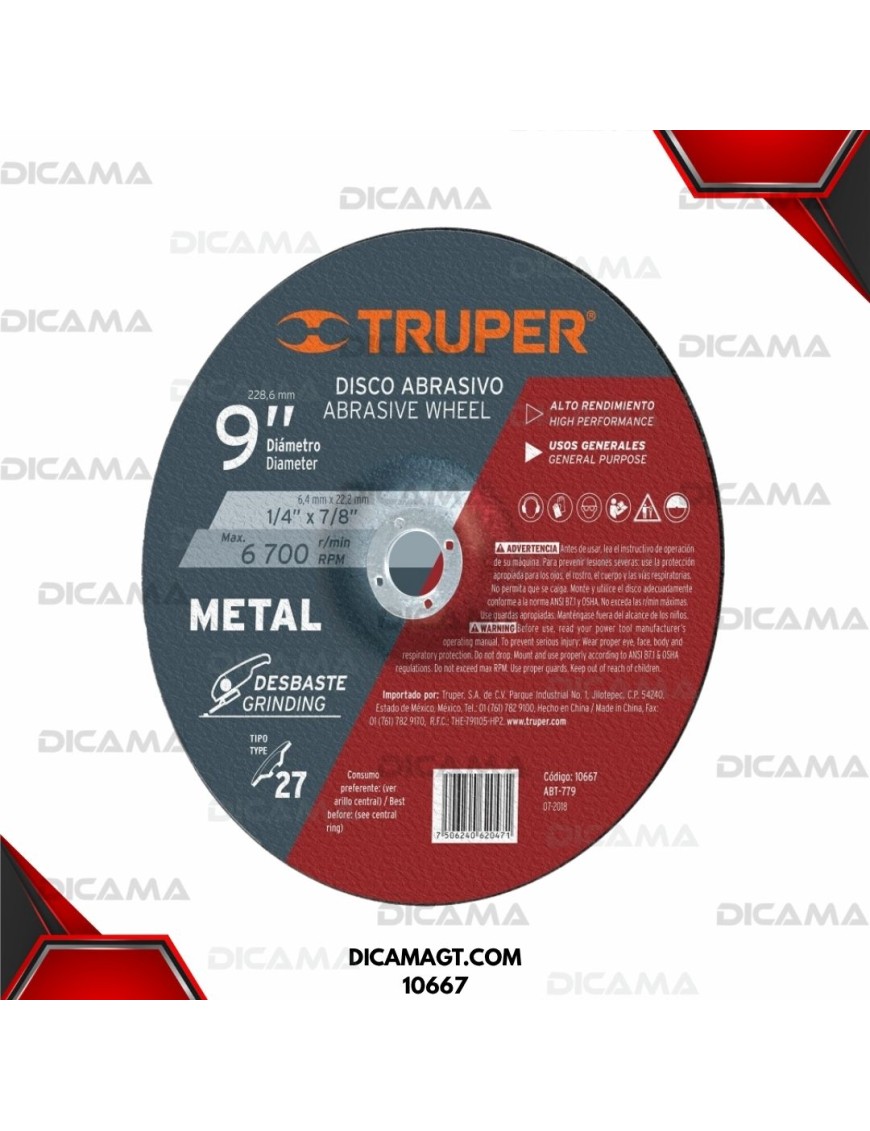 DISCO 9 CORTE METAL ABRASIVO DE ÓXIDO DE ALUMINIO DE TIPO 2 TRUPER 10667