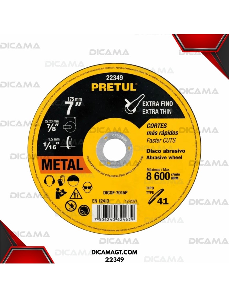 DISCO DE METAL 7 X 1.5 MM DE CORTE FINO PRETUL 22349
