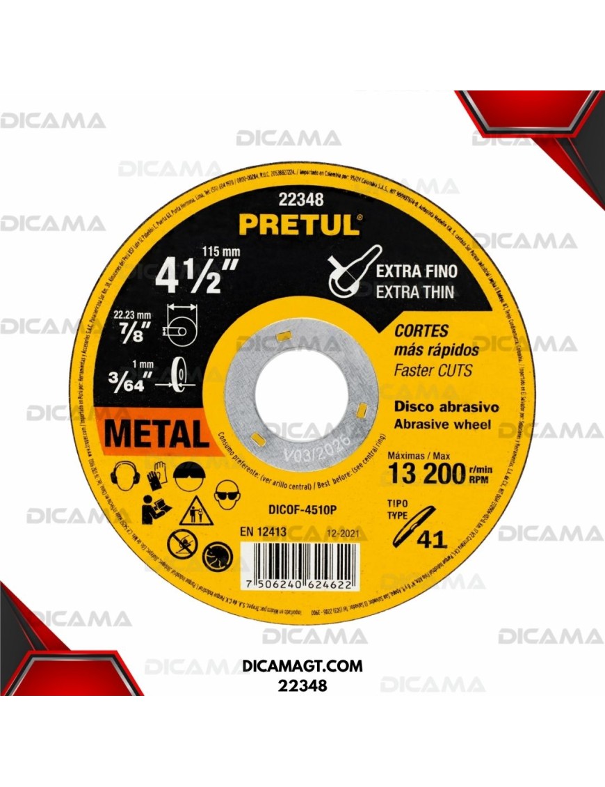 DISCO 4-1/2 X 1 MM CORTE FINO DE METAL TIPO 41 PRETUL 22348