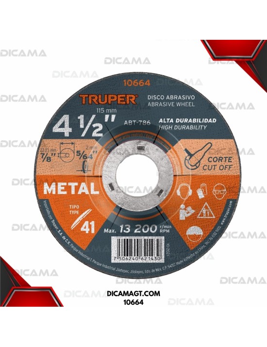 DISCO 4-1/2 PARA CORTE DE METAL, TIPO 41 TRUPER 10664