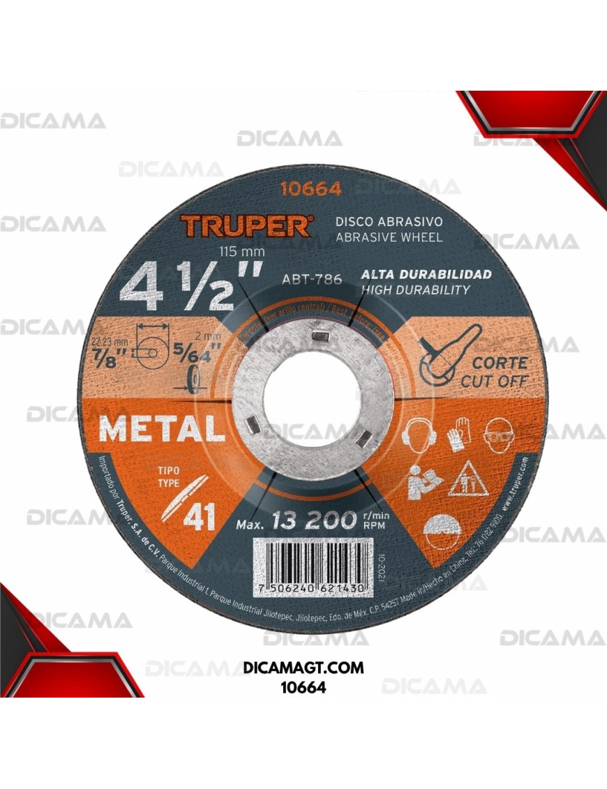 DISCO 4-1/2 PARA CORTE DE METAL, TIPO 41 TRUPER 10664