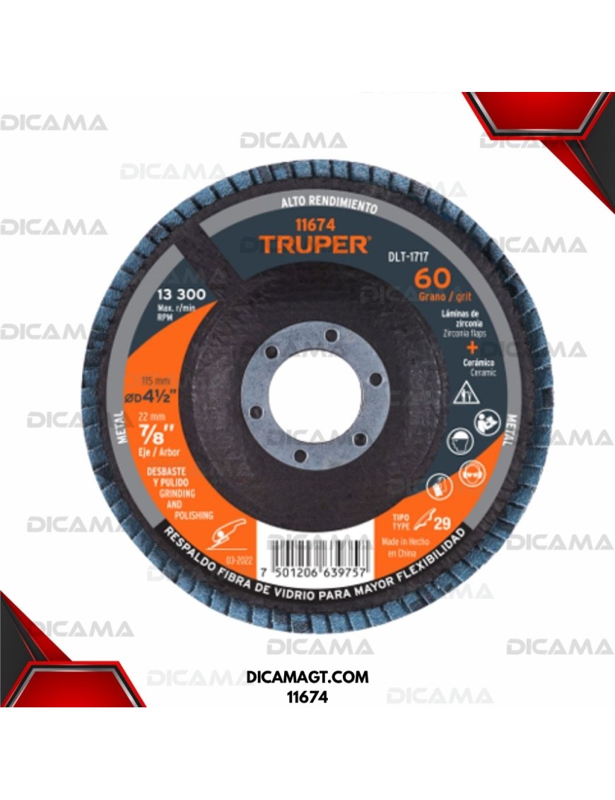 DISCO 4 1/2 LAMINADO GRANO 60 CENTRO 7/8 TRUPER 11674