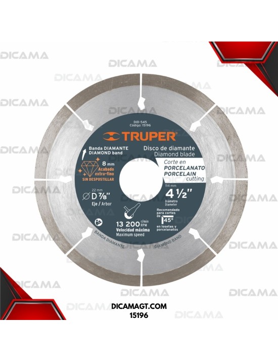 DISCO 4-1/2 X 1.3 MM DE DIAMANTE DE  CORTE DE PORCELANATO TRUPER 15196