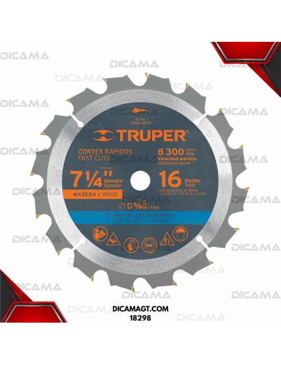 DISCO SIERRA 7-1/4 PARA MADERA 16 DIENTES CENTRO 5/8 TRUPER 18298