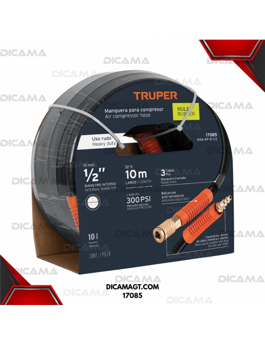 MANGUERA AIRE 1/2X10 METROS 300 PSI ALTA PRESION TRUPER 17085